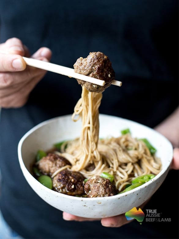 Beef meatball and soba noodle soup Image