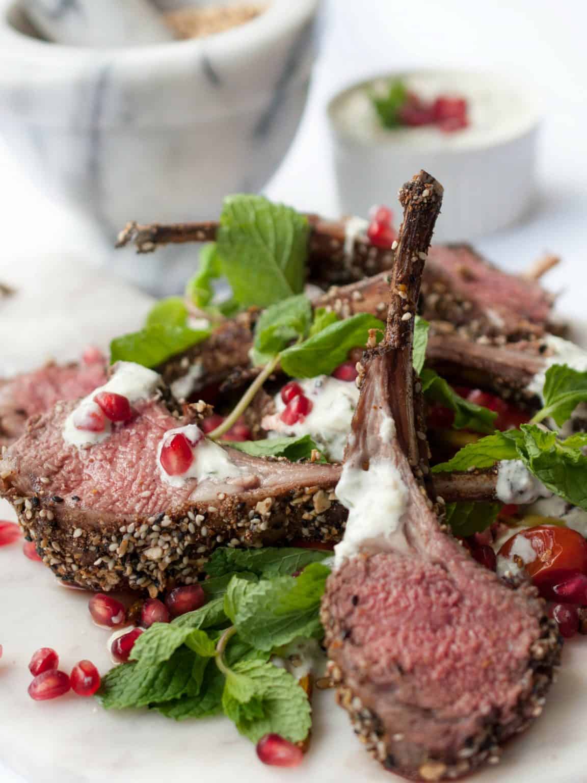 Dukkah Crusted Lamb Rack with Pomegranate Tzatziki Recipe Image
