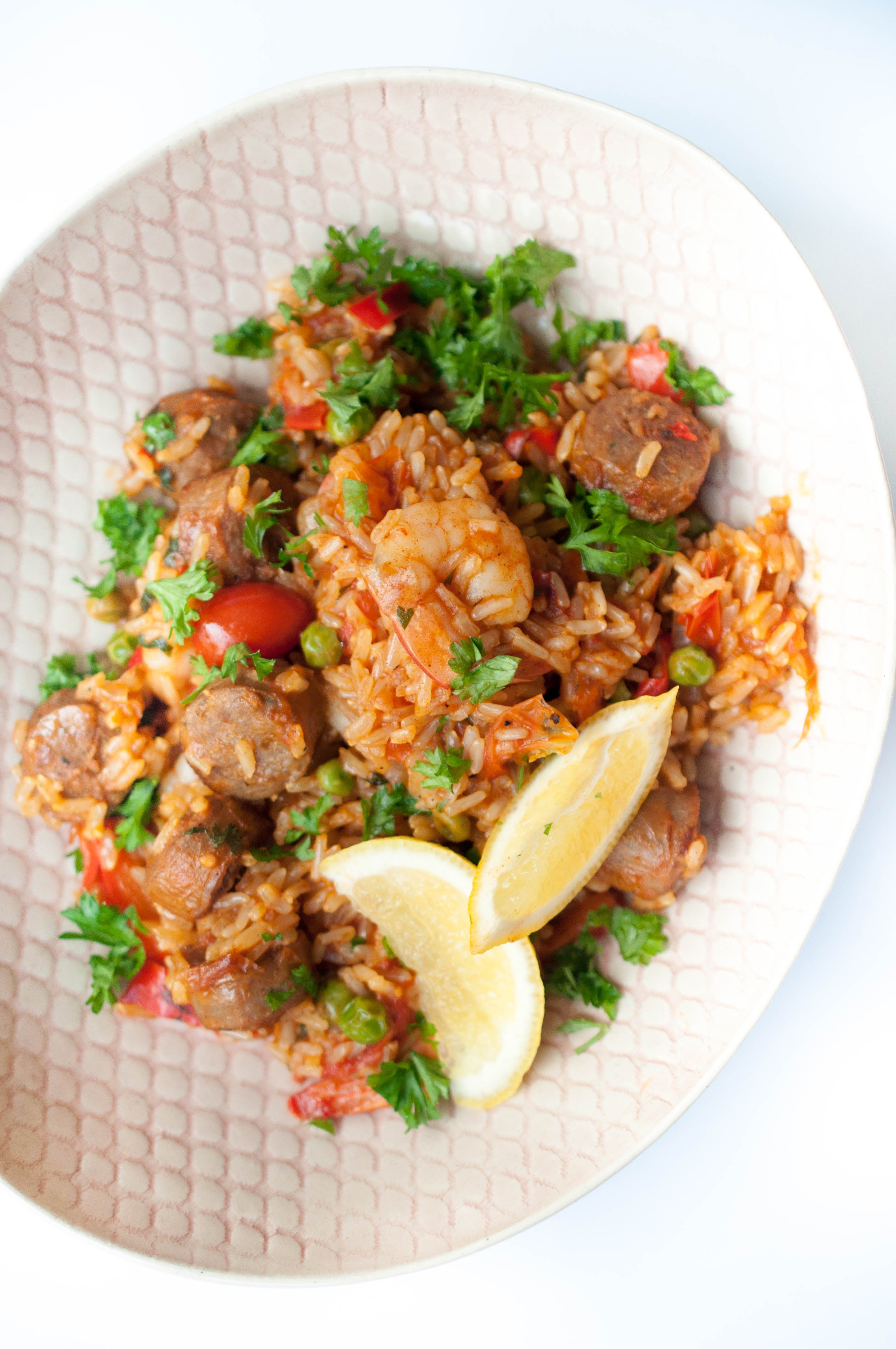 Beef Sausage & Prawn Brown Rice Paella Recipe Image