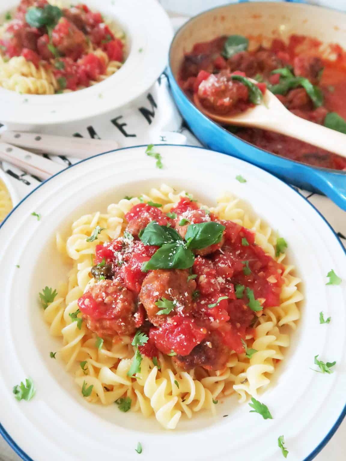 Chorizo and beef sausage meatballs with fusilli pasta Image