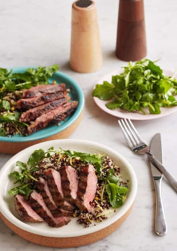 Grilled Eye Fillet with Quinoa Pistachio Salad Recipe Image