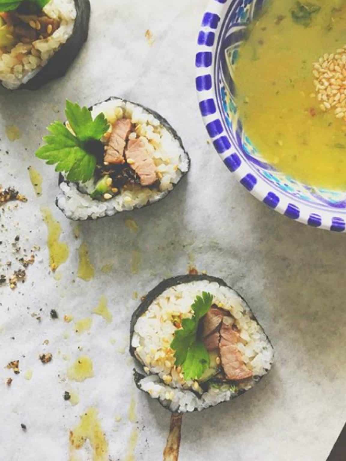 Pork Sushi with Tangy Sesame Dipping Sauce Image
