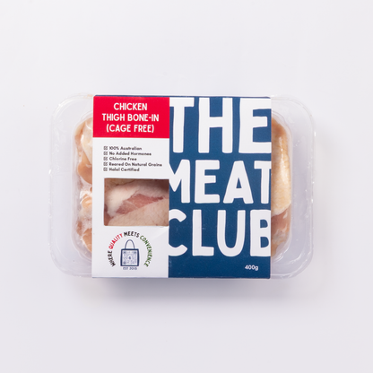 Cage-free chicken thigh bone-in Australia 400g, pack front, The Meat Club Singapore