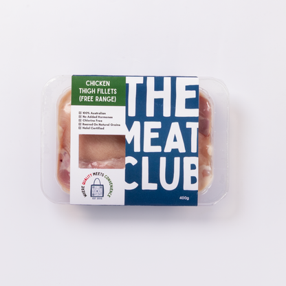 Free-range chicken thigh fillets Australia 400g, pack front, The Meat Club Singapore