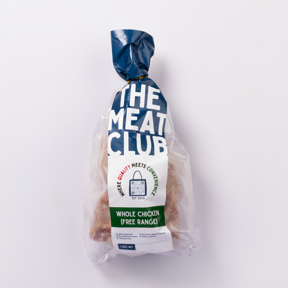 Free-range chicken (whole) Australia 1.3kg, pack front, The Meat Club Singapore