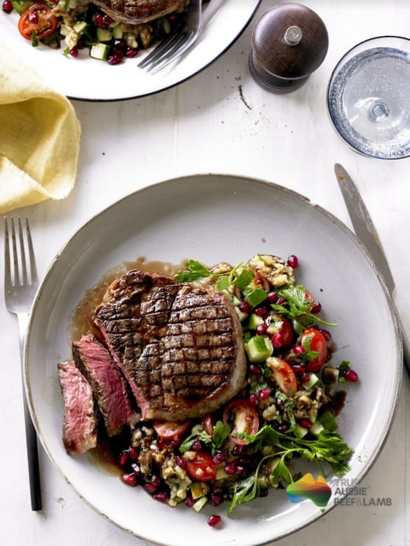 Grilled Ribeye Steak with Smoky Eggplant and Pomegranate Salad Image
