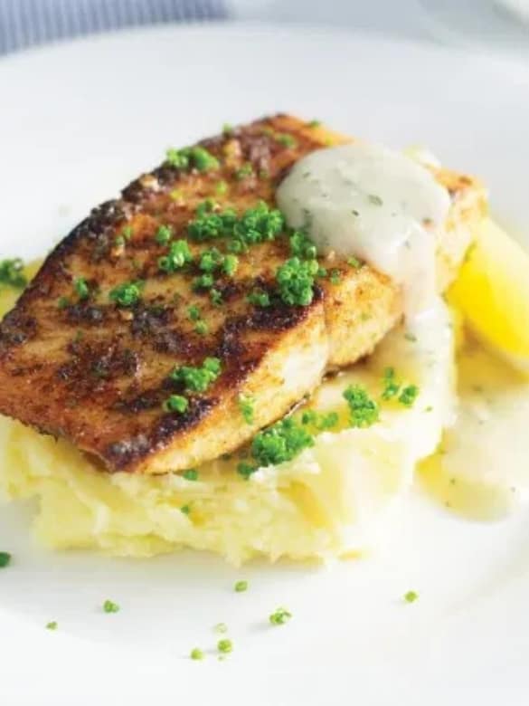 Pan-fried kingfish fillet with creamy mash, made with The Meat Club wild-caught New Zealand kingfish