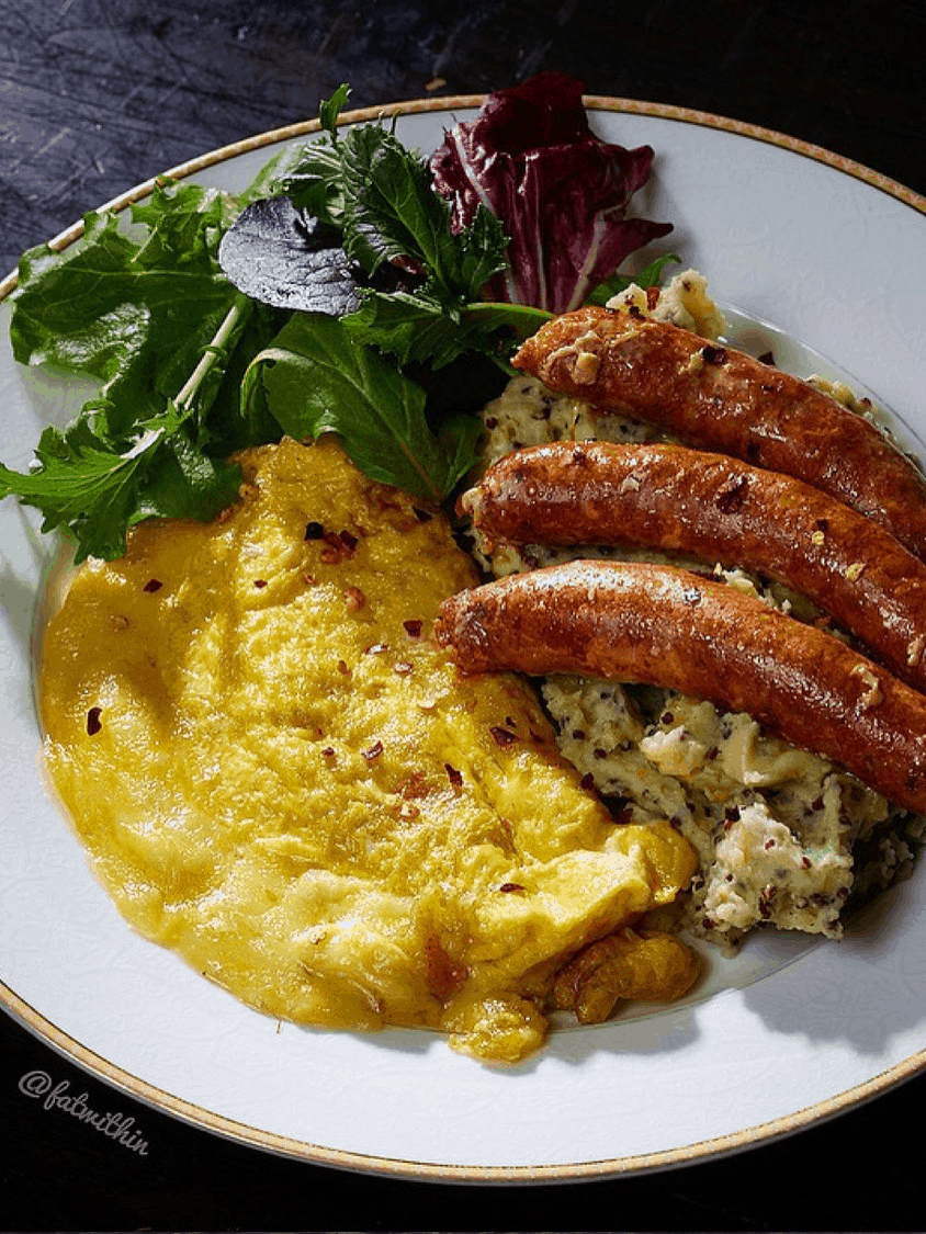 Pork Sausages with Quinoa Potatoes Mash, Omelette and Salad Image